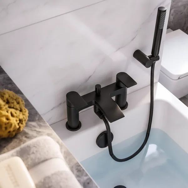 Alternate image of Joseph Miles Belini Bridge Bath Shower Mixer Tap with Curved Waterfall Spout - Flat Handles - Deck Mounted