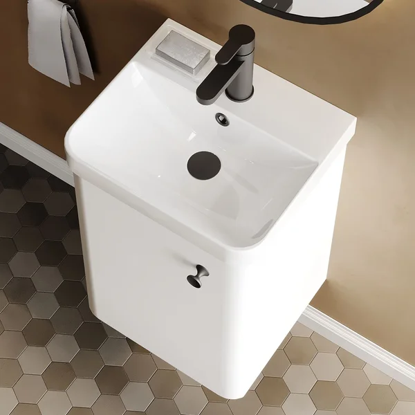 Alternate image of Nuie Core Wall Hung Gloss White Vanity Unit with Thin Edge Basin and Handle - 1 Door - 404 x 589mm