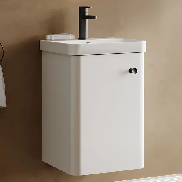 Alternate image of Nuie Core Wall Hung Gloss White Vanity Unit with Thin Edge Basin and Handle - 1 Door - 404 x 589mm