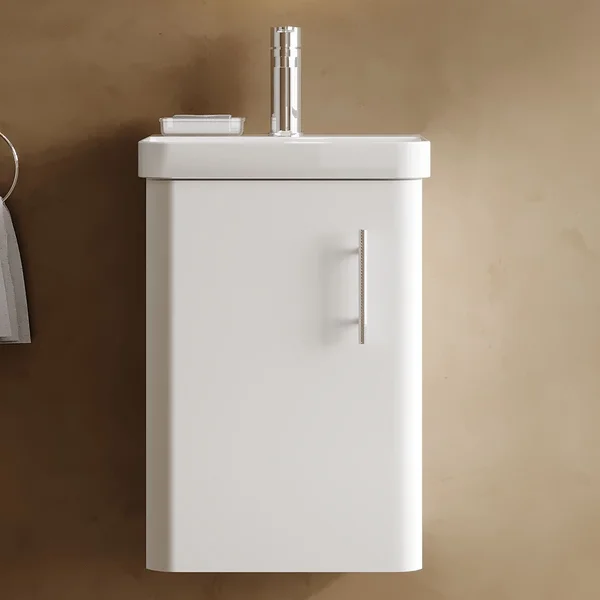Alternate image of Nuie Core Wall Hung Gloss White Vanity Unit with Thin Edge Basin and Handle - 1 Door - 404 x 589mm