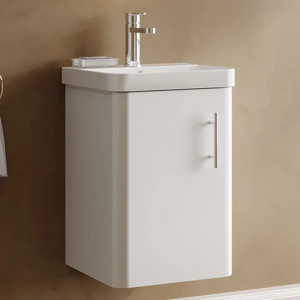 Alternate image of Nuie Core Wall Hung Gloss White Vanity Unit with Thin Edge Basin and Handle - 1 Door - 404 x 589mm