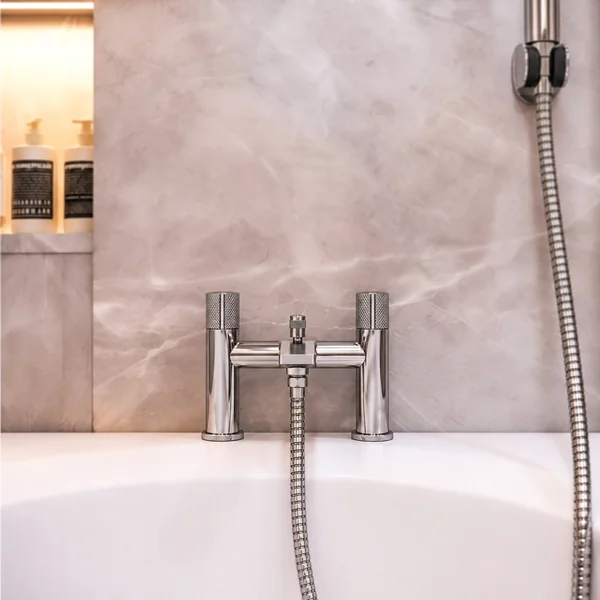 Alternate image of Joseph Miles Sora Chrome Finish Bridge Bath Mixer Tap with Flat Spout - Knob Handles - Deck Mounted