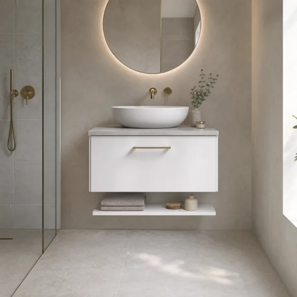 Alternate image of Nuie Arno Wall Hung Minimalist Vanity Unit with Worktop and Shelf - 1 Drawer