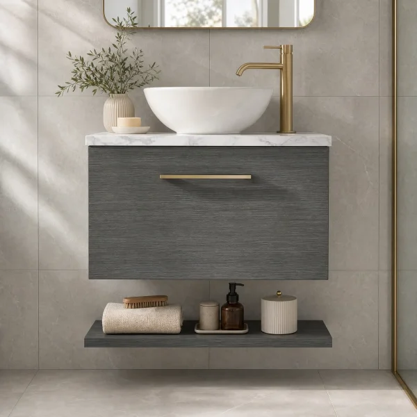 Alternate image of Nuie Arno Wall Hung Minimalist Vanity Unit with Worktop and Shelf - 1 Drawer