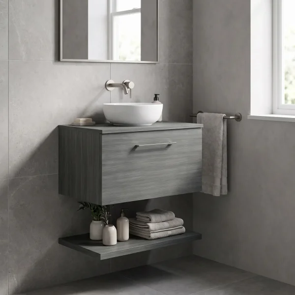 Alternate image of Nuie Arno Wall Hung Minimalist Vanity Unit with Worktop and Shelf - 1 Drawer