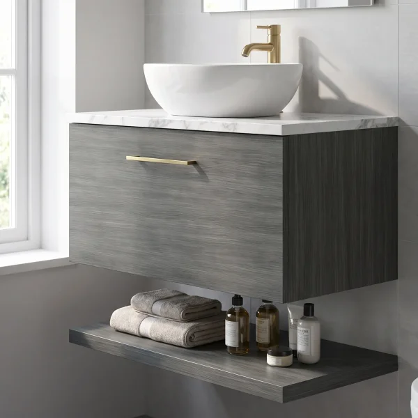 Alternate image of Nuie Arno Wall Hung Minimalist Vanity Unit with Worktop and Shelf - 1 Drawer