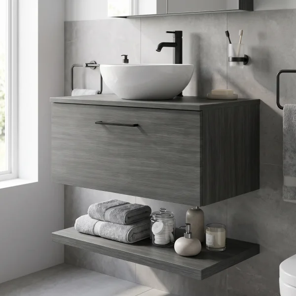 Alternate image of Nuie Arno Wall Hung Minimalist Vanity Unit with Worktop and Shelf - 1 Drawer