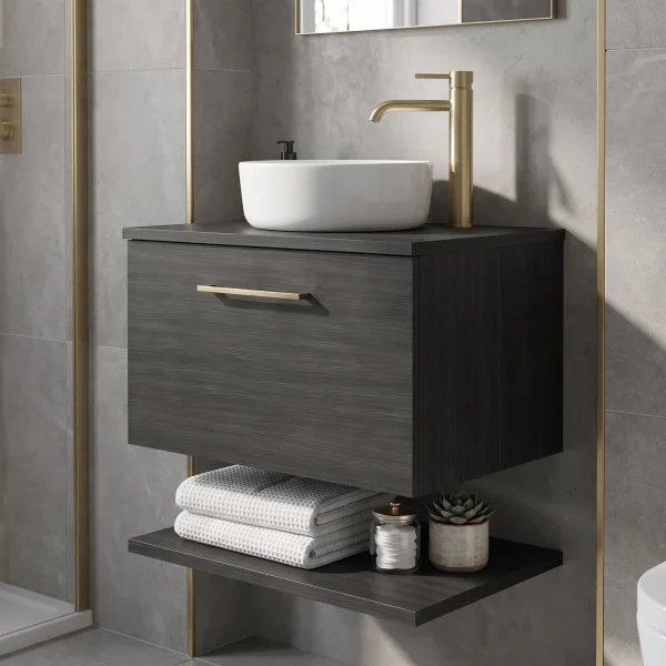 Alternate image of Nuie Arno Wall Hung Minimalist Vanity Unit with Worktop and Shelf - 1 Drawer