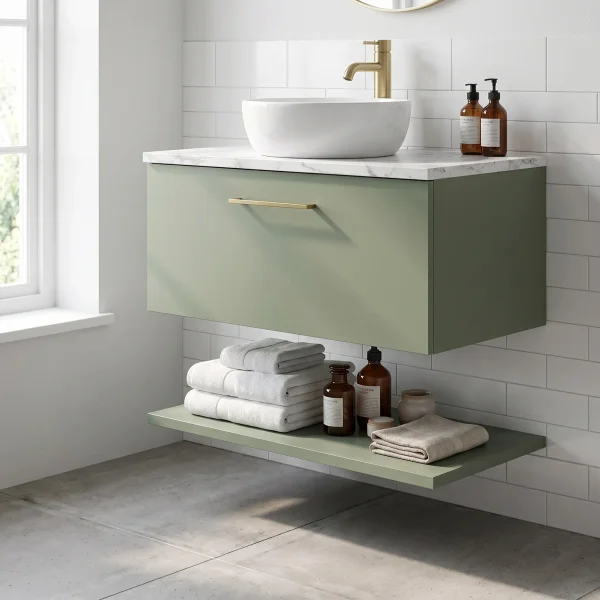 Alternate image of Nuie Arno Wall Hung Minimalist Vanity Unit with Worktop and Shelf - 1 Drawer
