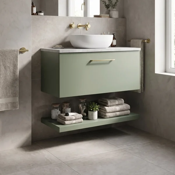 Alternate image of Nuie Arno Wall Hung Minimalist Vanity Unit with Worktop and Shelf - 1 Drawer