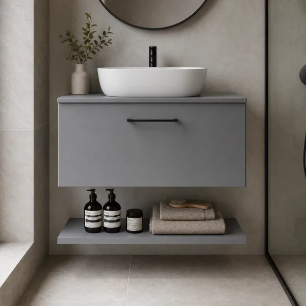 Alternate image of Nuie Arno Wall Hung Minimalist Vanity Unit with Worktop and Shelf - 1 Drawer