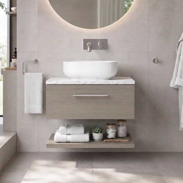 Alternate image of Nuie Arno Wall Hung Minimalist Vanity Unit with Worktop and Shelf - 1 Drawer