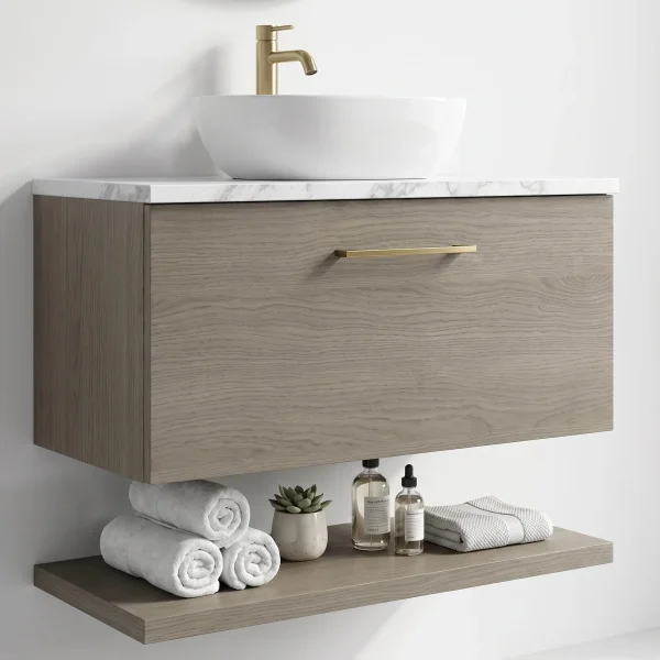 Alternate image of Nuie Arno Wall Hung Minimalist Vanity Unit with Worktop and Shelf - 1 Drawer