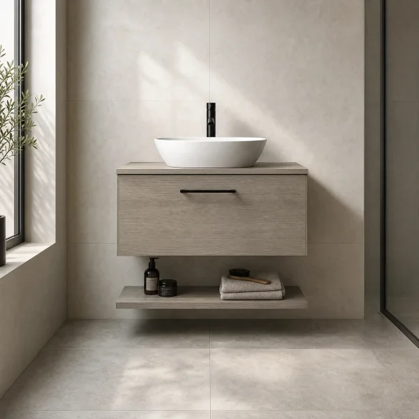Alternate image of Nuie Arno Wall Hung Minimalist Vanity Unit with Worktop and Shelf - 1 Drawer