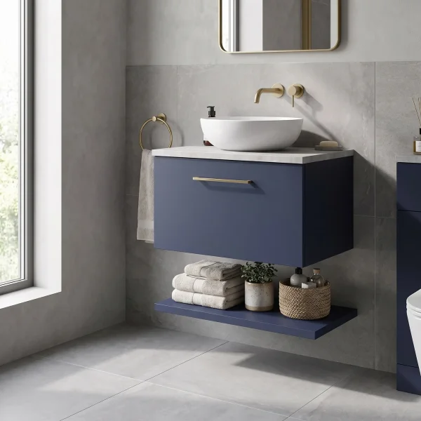 Alternate image of Nuie Arno Wall Hung Minimalist Vanity Unit with Worktop and Shelf - 1 Drawer