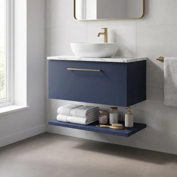 Alternate image of Nuie Arno Wall Hung Minimalist Vanity Unit with Worktop and Shelf - 1 Drawer