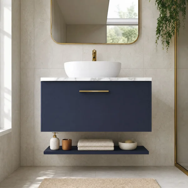 Alternate image of Nuie Arno Wall Hung Minimalist Vanity Unit with Worktop and Shelf - 1 Drawer