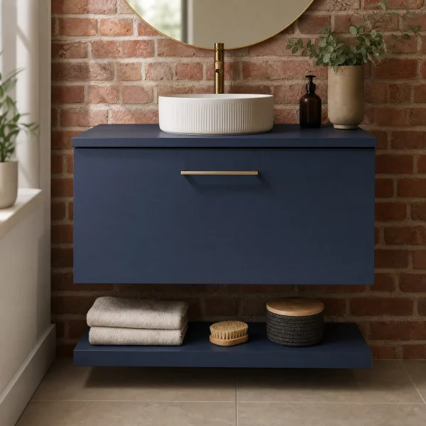 Alternate image of Nuie Arno Wall Hung Minimalist Vanity Unit with Worktop and Shelf - 1 Drawer