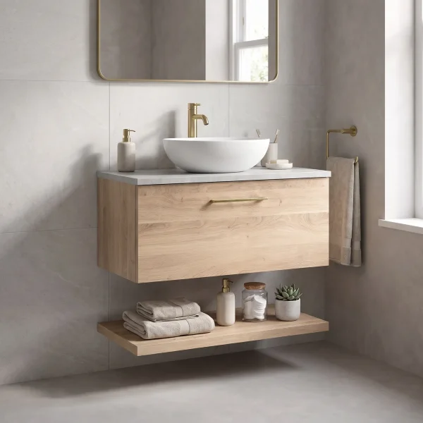 Alternate image of Nuie Arno Wall Hung Minimalist Vanity Unit with Worktop and Shelf - 1 Drawer