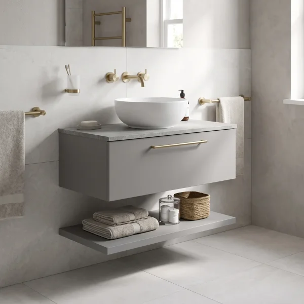 Alternate image of Nuie Arno Wall Hung Minimalist Vanity Unit with Worktop and Shelf - 1 Drawer