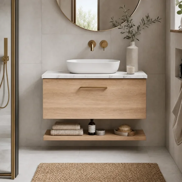 Alternate image of Nuie Arno Wall Hung Minimalist Vanity Unit with Worktop and Shelf - 1 Drawer