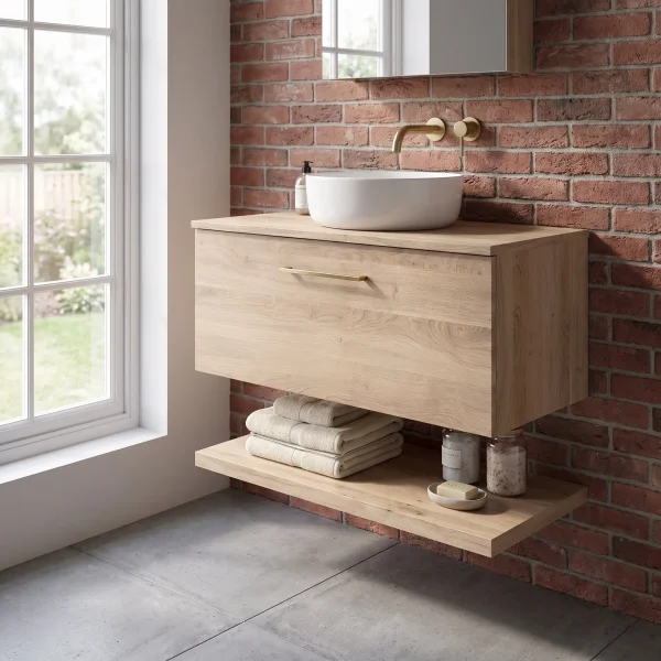Alternate image of Nuie Arno Wall Hung Minimalist Vanity Unit with Worktop and Shelf - 1 Drawer