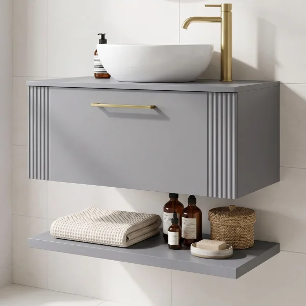 Alternate image of Nuie Deco Wall Hung Semi-Fluted Vanity Unit with Worktop and Shelf - 1 Drawer