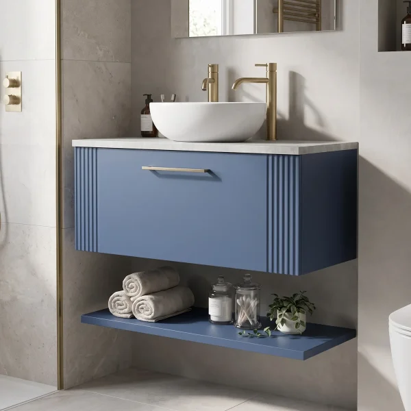 Alternate image of Nuie Deco Wall Hung Semi-Fluted Vanity Unit with Worktop and Shelf - 1 Drawer