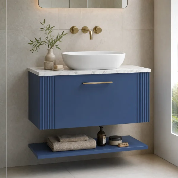 Alternate image of Nuie Deco Wall Hung Semi-Fluted Vanity Unit with Worktop and Shelf - 1 Drawer