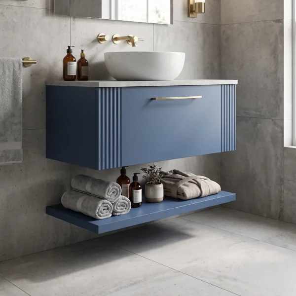 Alternate image of Nuie Deco Wall Hung Semi-Fluted Vanity Unit with Worktop and Shelf - 1 Drawer