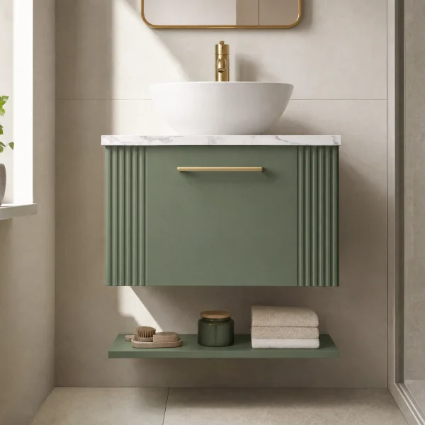 Alternate image of Nuie Deco Wall Hung Semi-Fluted Vanity Unit with Worktop and Shelf - 1 Drawer
