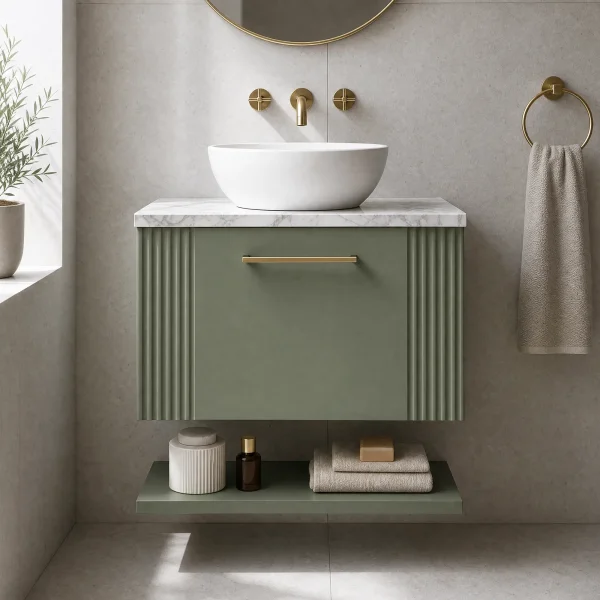 Alternate image of Nuie Deco Wall Hung Semi-Fluted Vanity Unit with Worktop and Shelf - 1 Drawer