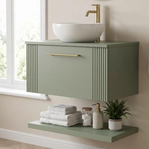 Alternate image of Nuie Deco Wall Hung Semi-Fluted Vanity Unit with Worktop and Shelf - 1 Drawer