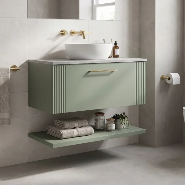 Alternate image of Nuie Deco Wall Hung Semi-Fluted Vanity Unit with Worktop and Shelf - 1 Drawer