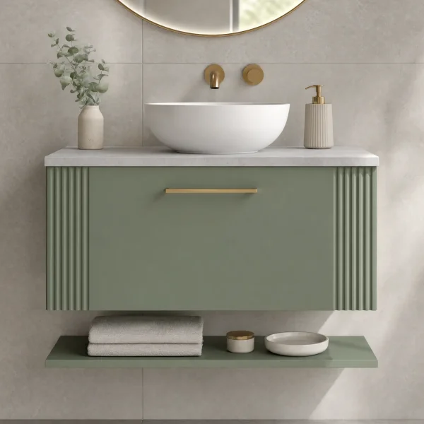 Alternate image of Nuie Deco Wall Hung Semi-Fluted Vanity Unit with Worktop and Shelf - 1 Drawer