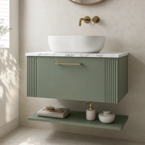 Alternate image of Nuie Deco Wall Hung Semi-Fluted Vanity Unit with Worktop and Shelf - 1 Drawer