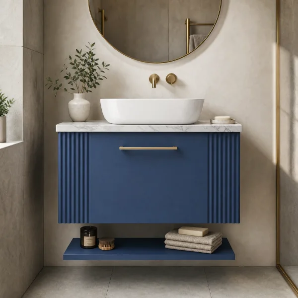 Alternate image of Nuie Deco Wall Hung Semi-Fluted Vanity Unit with Worktop and Shelf - 1 Drawer
