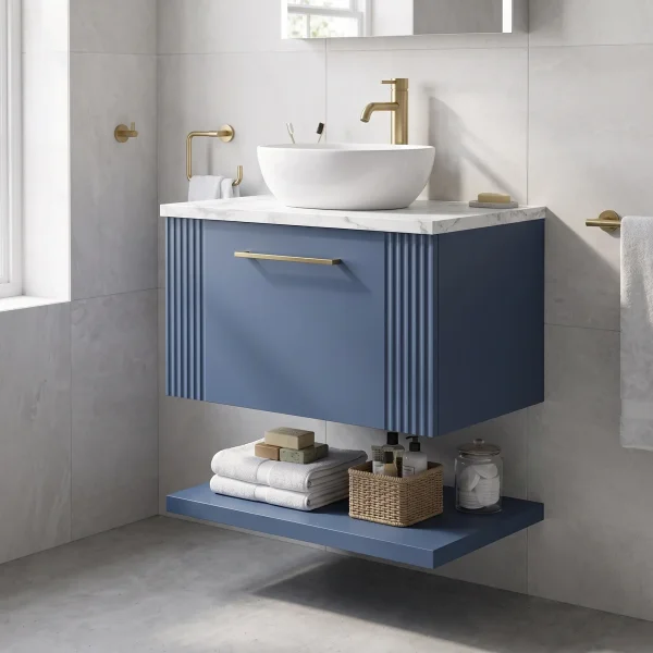 Alternate image of Nuie Deco Wall Hung Semi-Fluted Vanity Unit with Worktop and Shelf - 1 Drawer