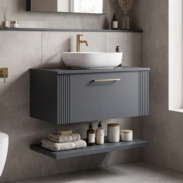 Alternate image of Nuie Deco Wall Hung Semi-Fluted Vanity Unit with Worktop and Shelf - 1 Drawer