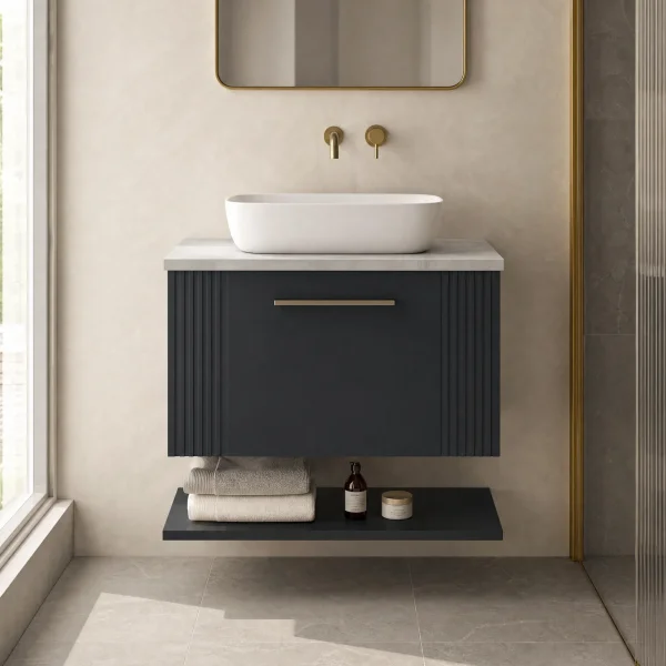 Alternate image of Nuie Deco Wall Hung Semi-Fluted Vanity Unit with Worktop and Shelf - 1 Drawer