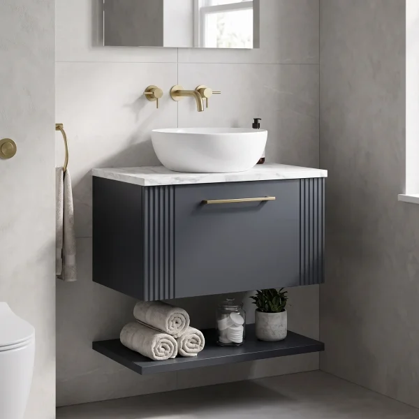 Alternate image of Nuie Deco Wall Hung Semi-Fluted Vanity Unit with Worktop and Shelf - 1 Drawer