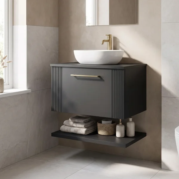 Alternate image of Nuie Deco Wall Hung Semi-Fluted Vanity Unit with Worktop and Shelf - 1 Drawer