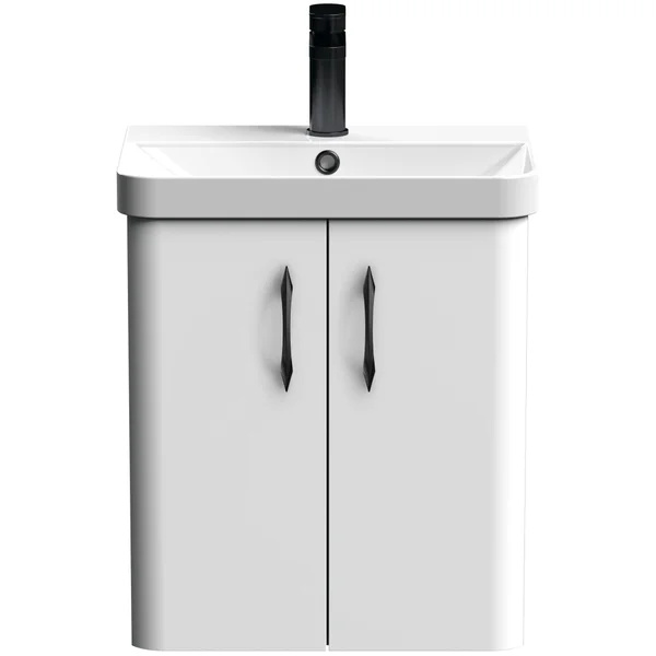 Nuie Core Wall Hung Gloss White Vanity Unit with Thin Edge Basin and Handles - 2 Door - 589mm High