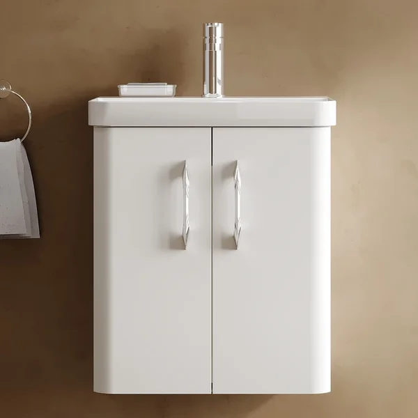 Alternate image of Nuie Core Wall Hung Gloss White Vanity Unit with Thin Edge Basin and Handles - 2 Door - 589mm High