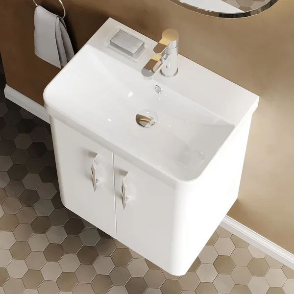 Alternate image of Nuie Core Wall Hung Gloss White Vanity Unit with Thin Edge Basin and Handles - 2 Door - 589mm High