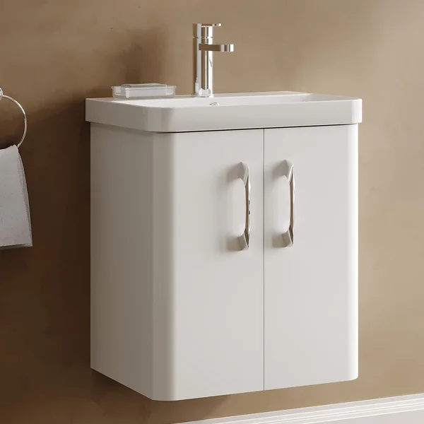 Alternate image of Nuie Core Wall Hung Gloss White Vanity Unit with Thin Edge Basin and Handles - 2 Door - 589mm High