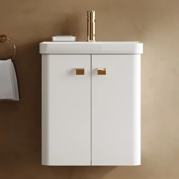 Alternate image of Nuie Core Wall Hung Gloss White Vanity Unit with Thin Edge Basin and Handles - 2 Door - 589mm High