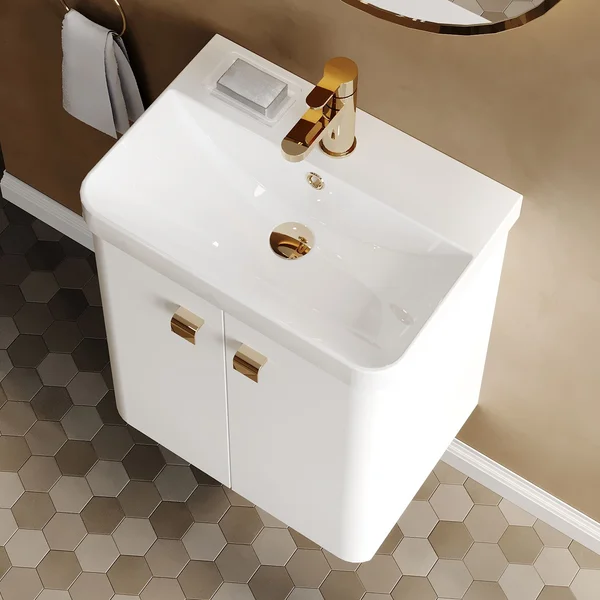 Alternate image of Nuie Core Wall Hung Gloss White Vanity Unit with Thin Edge Basin and Handles - 2 Door - 589mm High