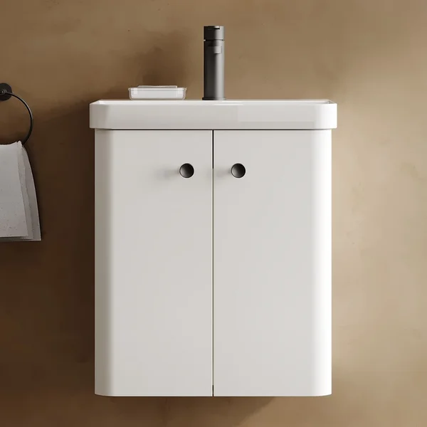 Alternate image of Nuie Core Wall Hung Gloss White Vanity Unit with Thin Edge Basin and Handles - 2 Door - 589mm High
