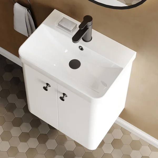 Alternate image of Nuie Core Wall Hung Gloss White Vanity Unit with Thin Edge Basin and Handles - 2 Door - 589mm High